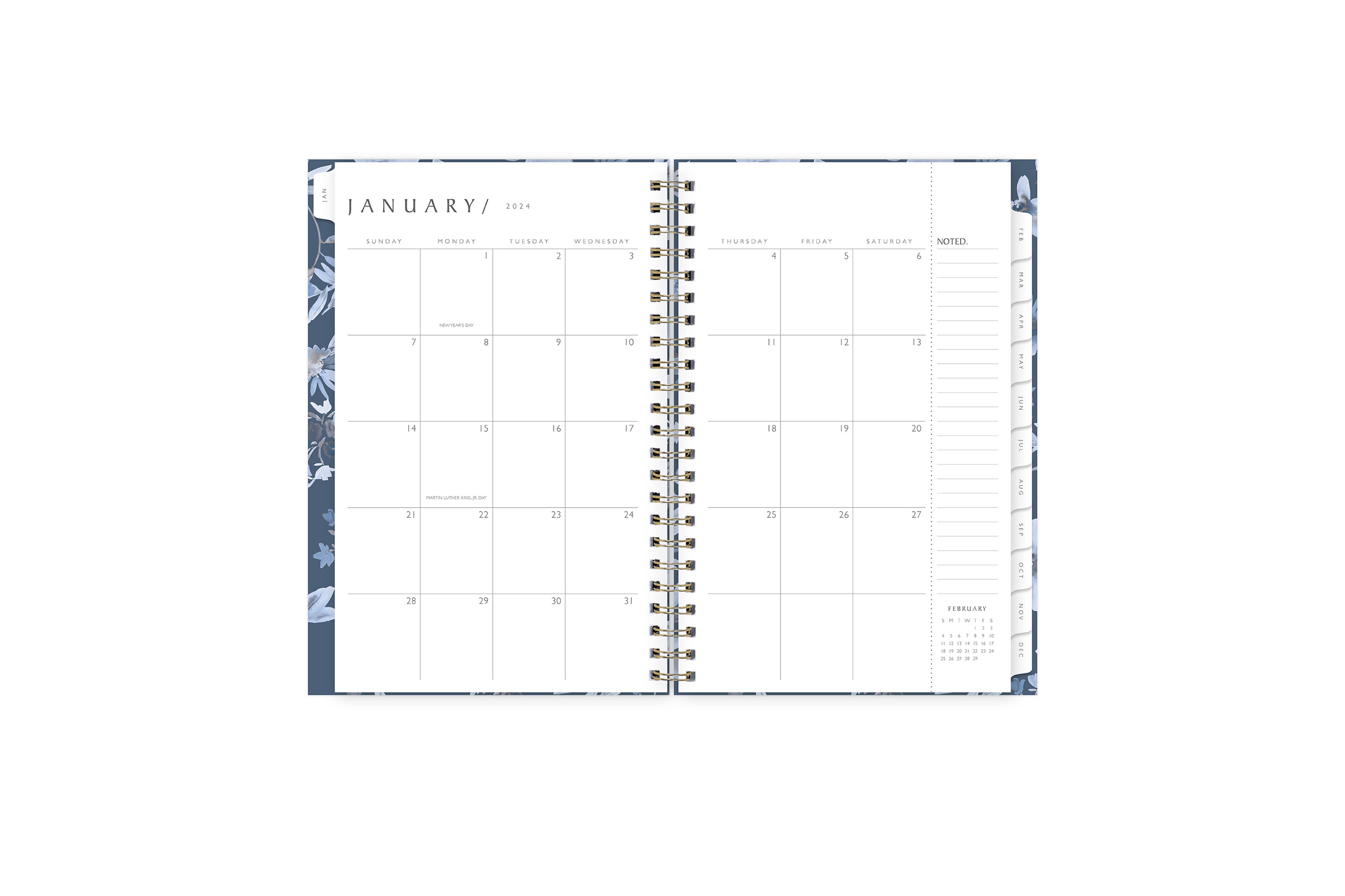 January 2024 - December 2024 weekly monthly planner featuring a monthly spread boxes for each day, blank writing space, notes section, reference calendars, and light purple monthly tabs in 5x8 size