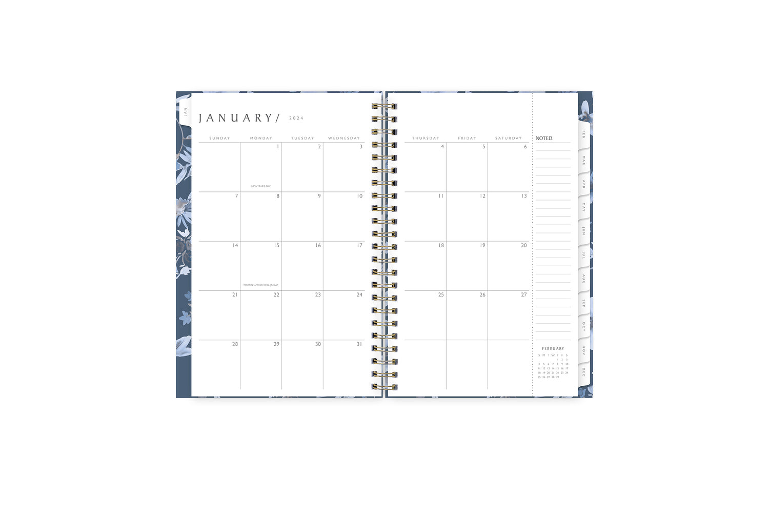 January 2024 - December 2024 weekly monthly planner featuring a monthly spread boxes for each day, blank writing space, notes section, reference calendars, and light purple monthly tabs in 5x8 size
