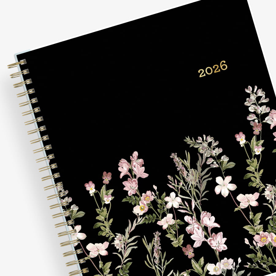 January 2026 - December 2026 monthly planner from Blue Sky features beautiful floral cover design with black background and gold binding