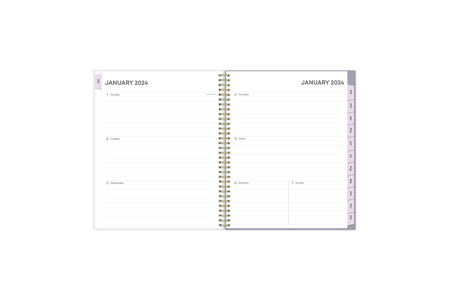 This January 2024 - December 2024 weekly monthly planner features a weekly spread with ample lined writing space for each day, notes section, to -do list, and monthly tabs for easy navigating in a 8.5x11 planner size