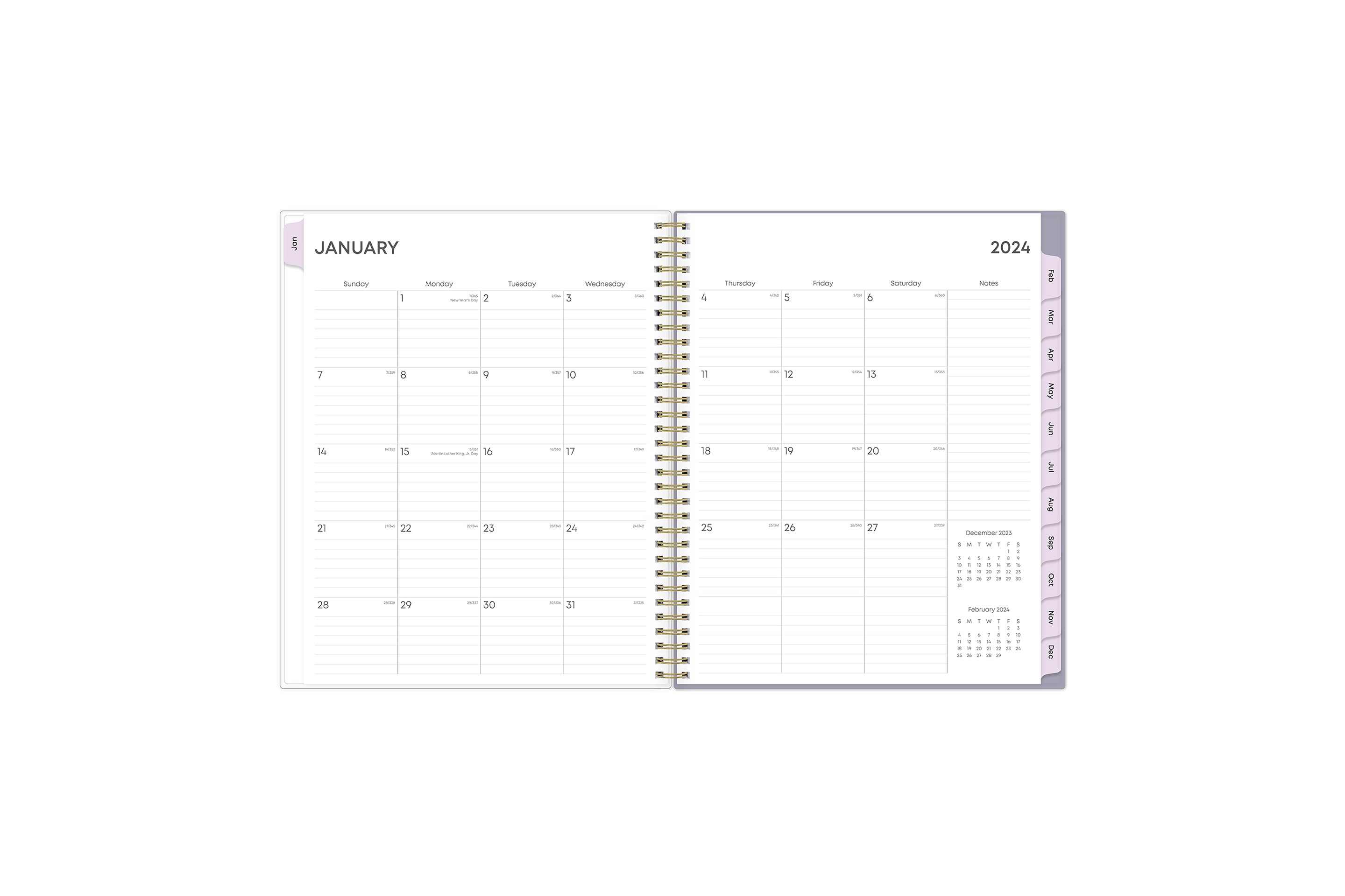 This January 2024 - December 2024 weekly monthly planner features a monthly spread with blank writing space for each day, lined notes section, reference calendars, and monthly tabs for easy navigating in a 8.5x11 planner size