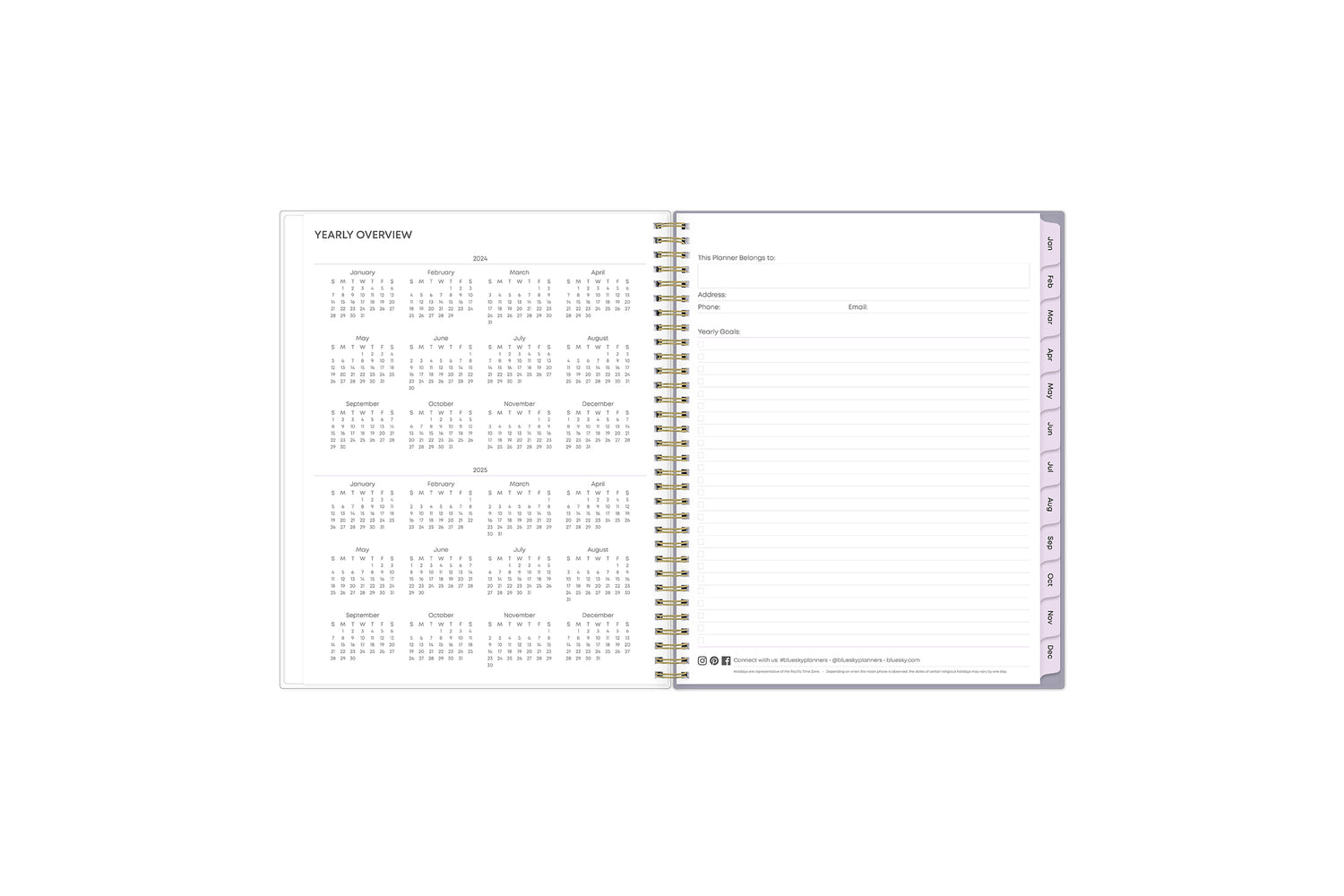 This 8.5x11 2024 weekly monthly planner featuring a yearly overview for both 2024 and 2024, a yearly goals recap to review end of the year, and contact page.