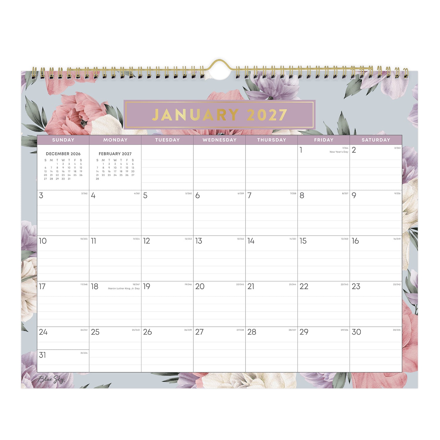 floral pattern bordering this 15x12 bl8ue sky 2027 planner with lined writing space for each day and reference calendars