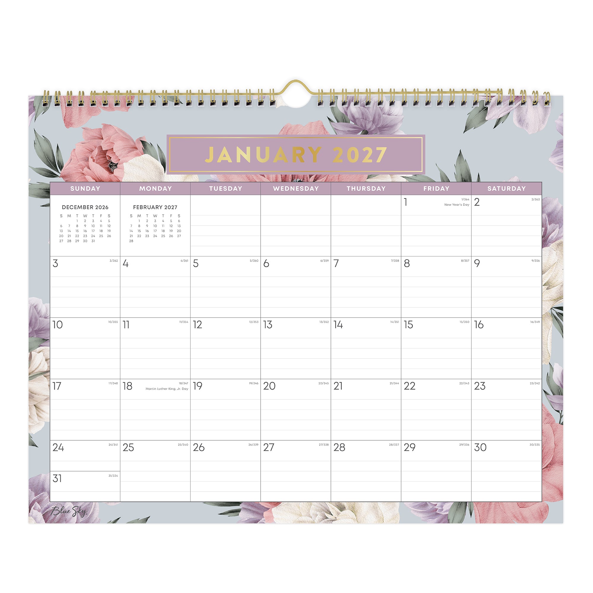 floral pattern bordering this 15x12 bl8ue sky 2027 planner with lined writing space for each day and reference calendars