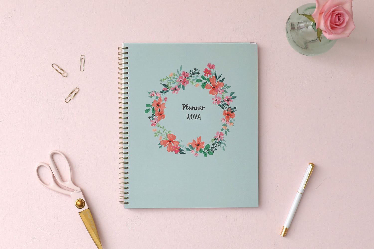 January 2024 to December 2024 weekly monthly planner in 8.5x11 size from day designer for blue sky with mint background and floral pattern, and gold twin wire-o binding