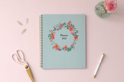 January 2024 to December 2024 weekly monthly planner in 8.5x11 size from day designer for blue sky with mint background and floral pattern, and gold twin wire-o binding