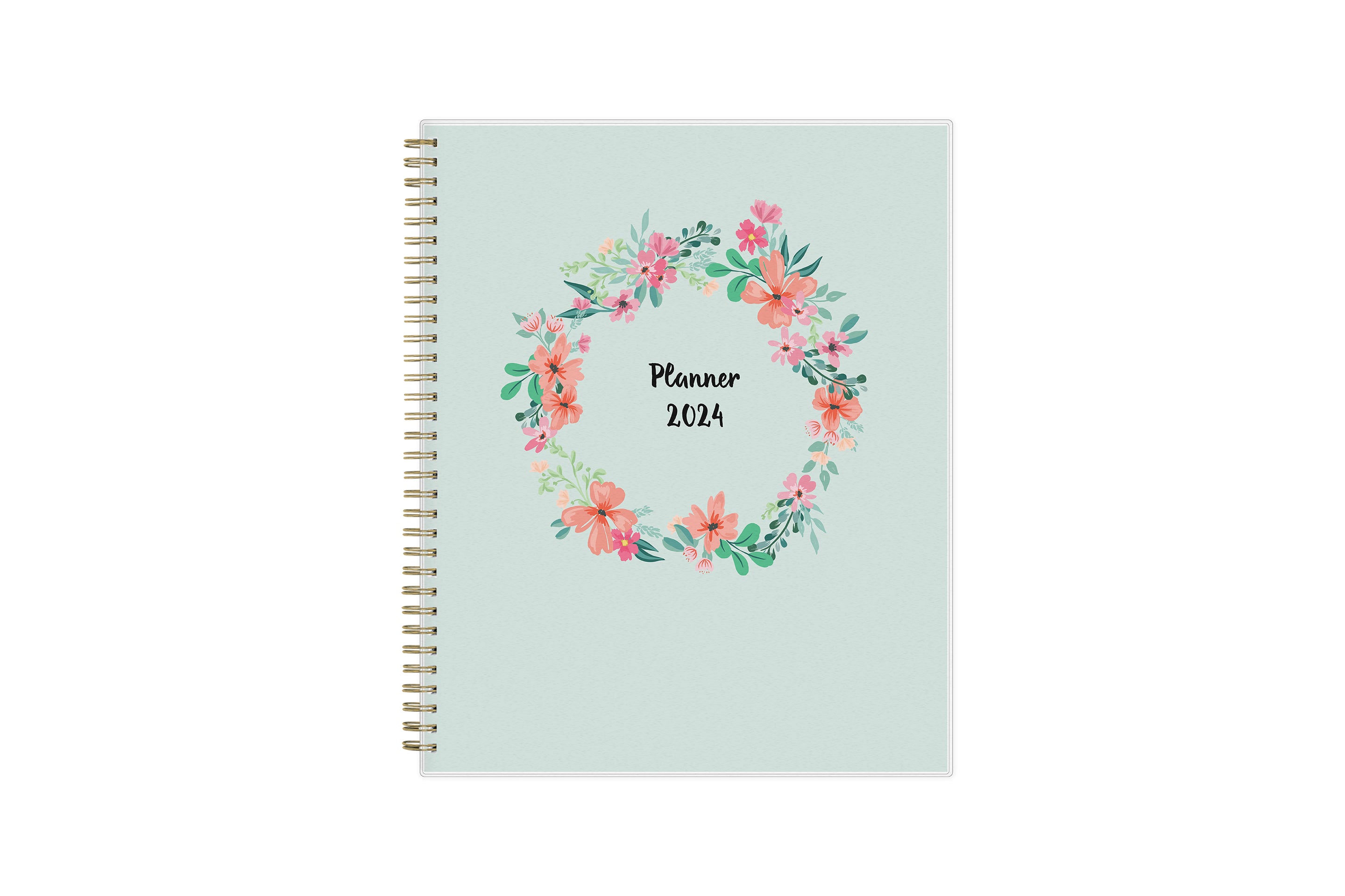 January 2024 to December 2024 weekly monthly planner in 8.5x11 size from day designer for blue sky with mint background and floral pattern, and gold twin wire-o binding
