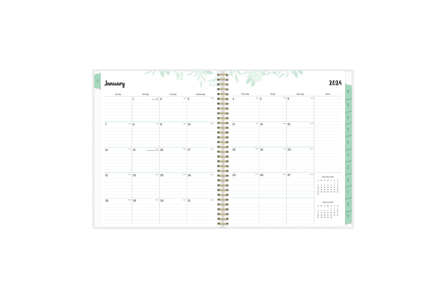January 2024 - December 2024 weekly monthly planner featuring a monthly spread boxes for each day, lined writing space, notes section, reference calendars, and mint monthly tabs in 8.5x11 size