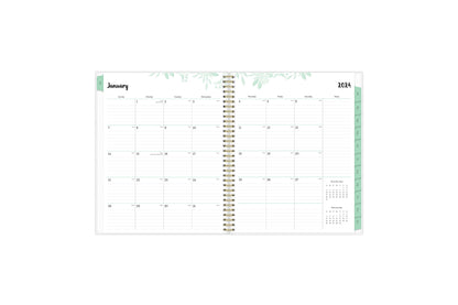 January 2024 - December 2024 weekly monthly planner featuring a monthly spread boxes for each day, lined writing space, notes section, reference calendars, and mint monthly tabs in 8.5x11 size
