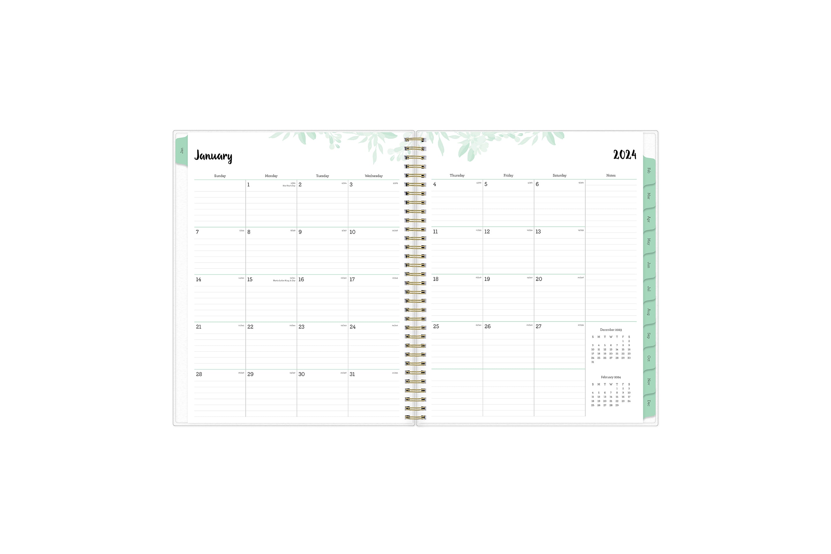 January 2024 - December 2024 weekly monthly planner featuring a monthly spread boxes for each day, lined writing space, notes section, reference calendars, and mint monthly tabs in 8.5x11 size