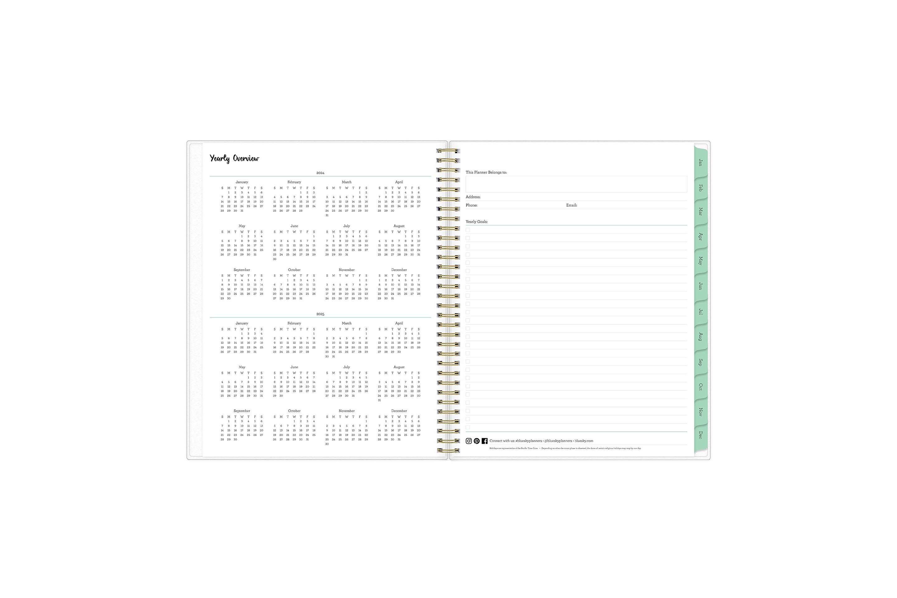 8.5x11 2024 weekly monthly planner features a yearly overview of 2024 and 2025 with contact page for owner of planner and bulleted yearly goals and accomplishments with mint monthly tabs