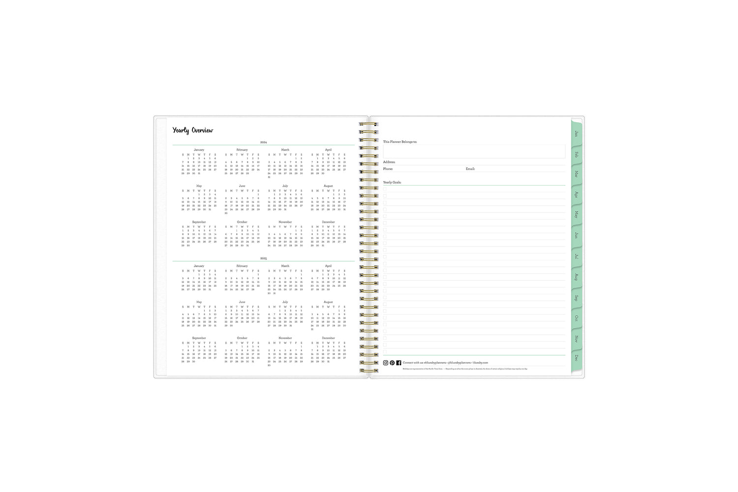8.5x11 2024 weekly monthly planner features a yearly overview of 2024 and 2025 with contact page for owner of planner and bulleted yearly goals and accomplishments with mint monthly tabs