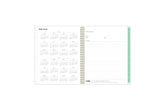 8.5x11 2024 weekly monthly planner features a yearly overview of 2024 and 2025 with contact page for owner of planner and bulleted yearly goals and accomplishments with mint monthly tabs