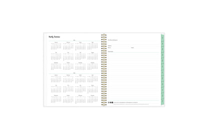 8.5x11 2024 weekly monthly planner features a yearly overview of 2024 and 2025 with contact page for owner of planner and bulleted yearly goals and accomplishments with mint monthly tabs