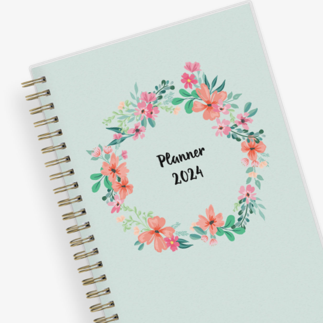 January 2024 to December 2024 weekly monthly planner in 5x8 size from day designer for blue sky with mint background and floral pattern, and gold twin wire-o binding