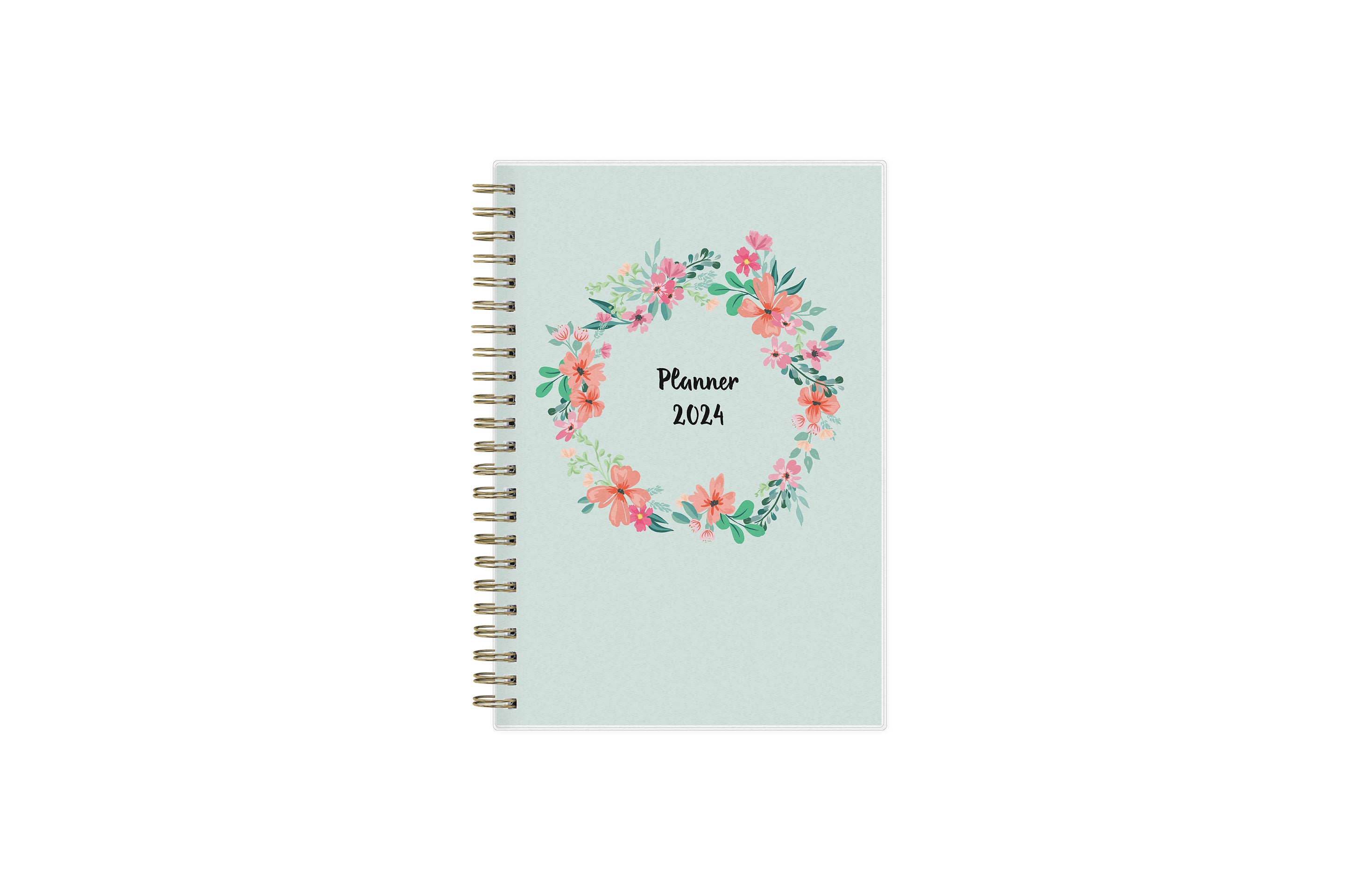 January 2024 to December 2024 weekly monthly planner in 5x8 size from day designer for blue sky with mint background and floral pattern, and gold twin wire-o binding