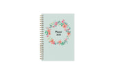January 2024 to December 2024 weekly monthly planner in 5x8 size from day designer for blue sky with mint background and floral pattern, and gold twin wire-o binding
