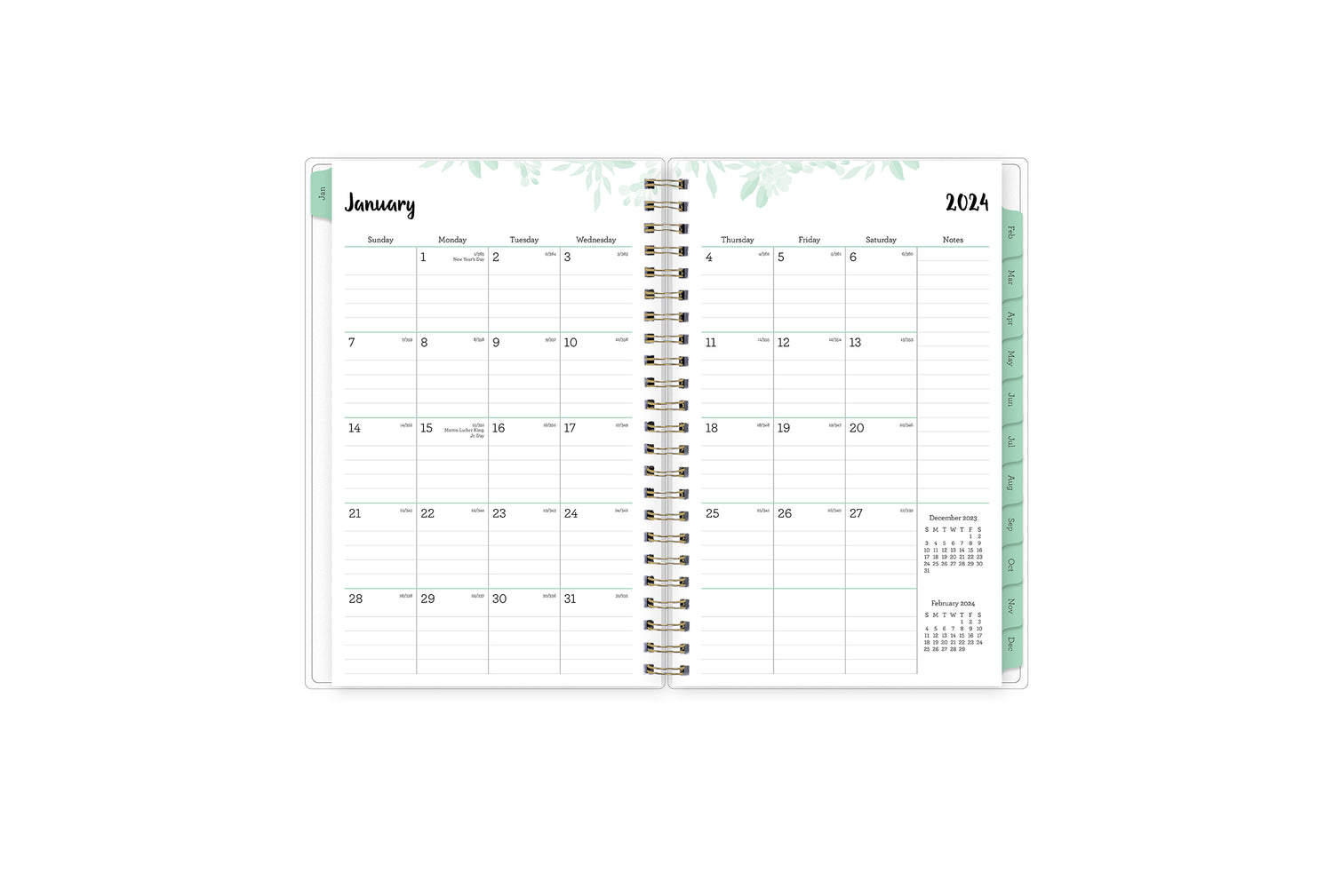 January 2024 - December 2024 weekly monthly planner featuring a monthly spread boxes for each day, lined writing space, notes section, reference calendars, and mint monthly tabs in 5x8 size