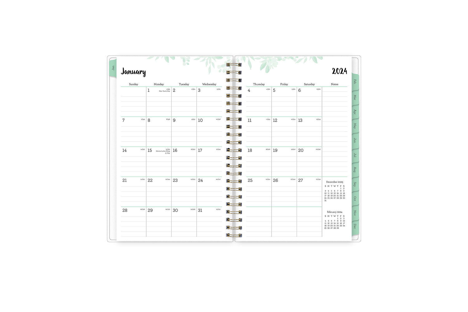 January 2024 - December 2024 weekly monthly planner featuring a monthly spread boxes for each day, lined writing space, notes section, reference calendars, and mint monthly tabs in 5x8 size