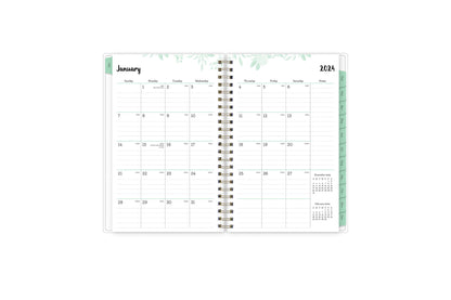 January 2024 - December 2024 weekly monthly planner featuring a monthly spread boxes for each day, lined writing space, notes section, reference calendars, and mint monthly tabs in 5x8 size