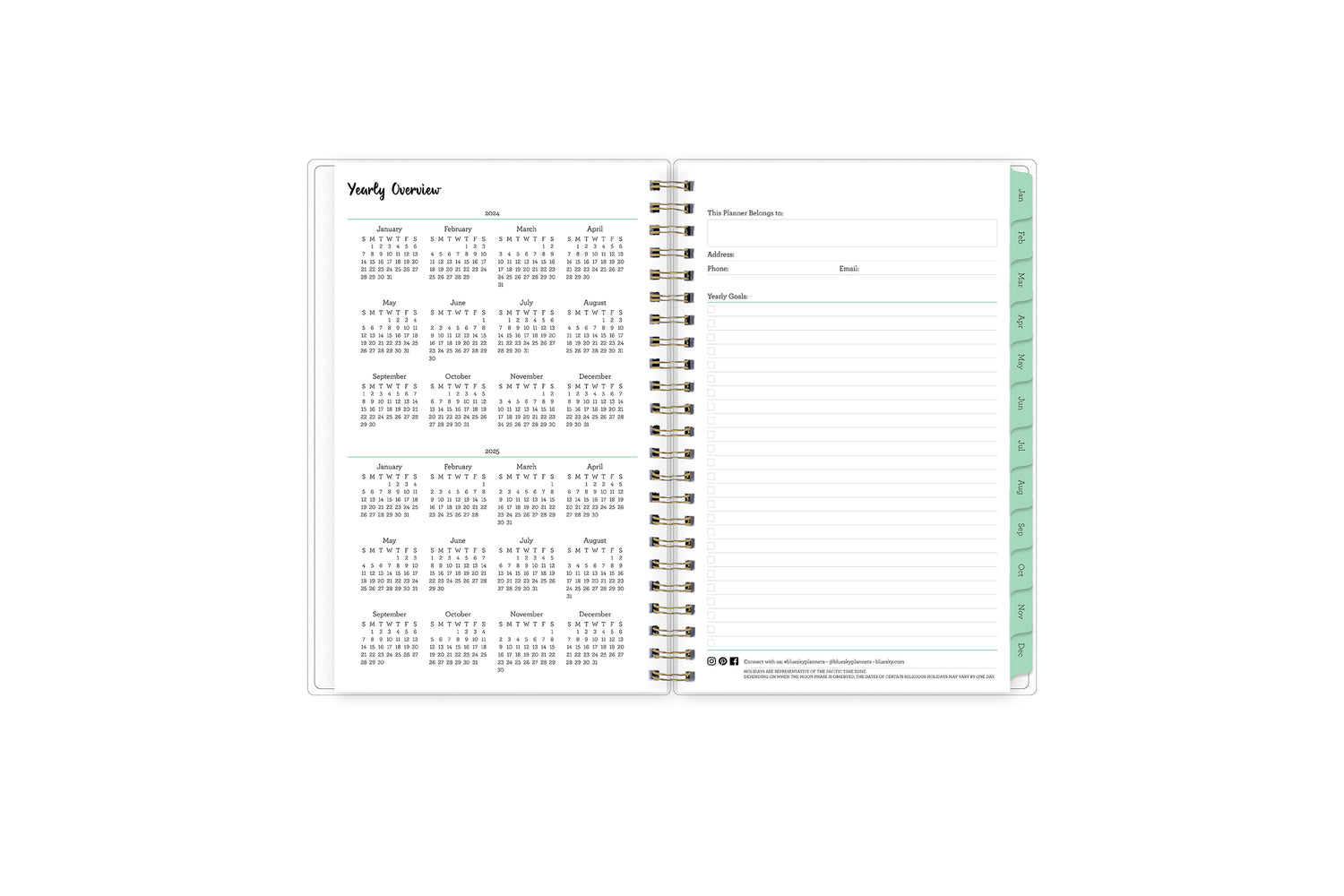 5x8 2024 weekly monthly planner features a yearly overview of 2023 and 2023 with contact page for owner of planner and bulleted yearly goals and accomplishments with mint monthly tabs