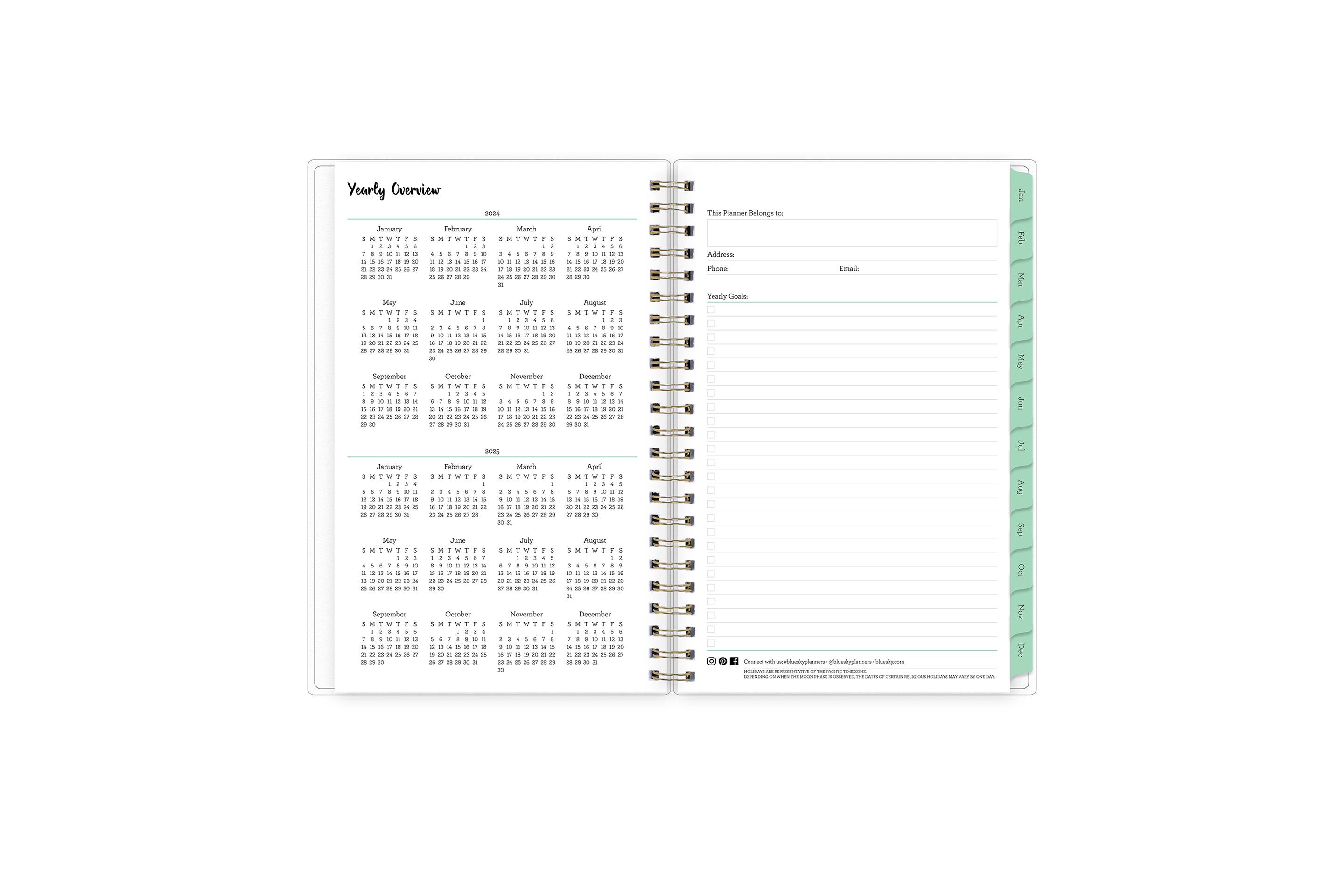 5x8 2024 weekly monthly planner features a yearly overview of 2023 and 2023 with contact page for owner of planner and bulleted yearly goals and accomplishments with mint monthly tabs