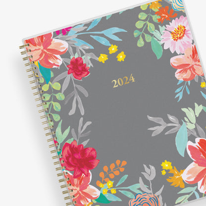 2024 weekly monthly blue sky planner featuring gray background and floral pattern gold binding 8.5x11