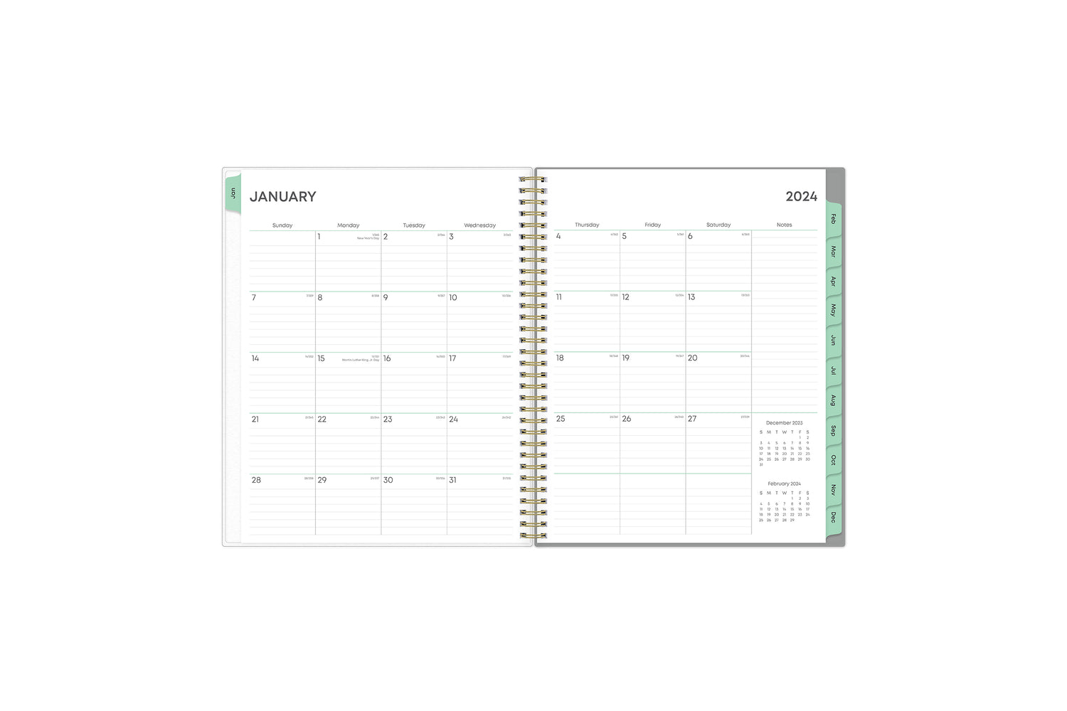 January 2024 - December 2024 weekly monthly planner featuring a weekly spread boxes for each day, lined writing space, notes section, reference calendars, and pink monthly tabs with white text in 8.5x11 size