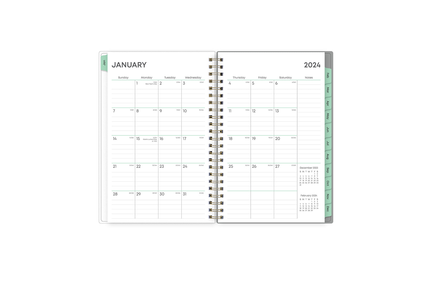 January 2024 - December 2024 weekly monthly planner featuring a monthly spread boxes for each day, lined writing space, notes section, reference calendars, and pink monthly tabs with white text in 5x8 size
