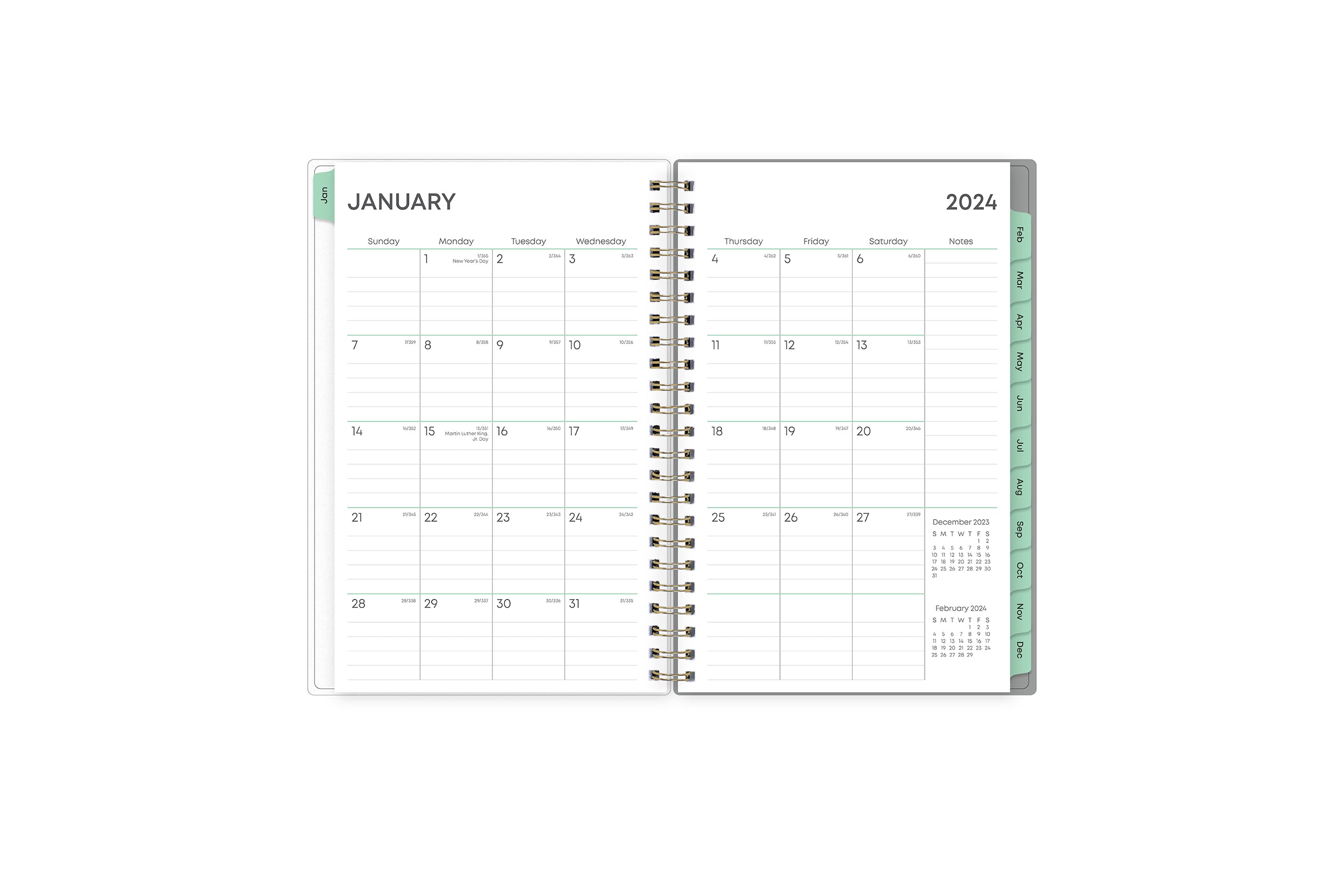 January 2024 - December 2024 weekly monthly planner featuring a monthly spread boxes for each day, lined writing space, notes section, reference calendars, and pink monthly tabs with white text in 5x8 size