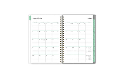 January 2024 - December 2024 weekly monthly planner featuring a monthly spread boxes for each day, lined writing space, notes section, reference calendars, and pink monthly tabs with white text in 5x8 size