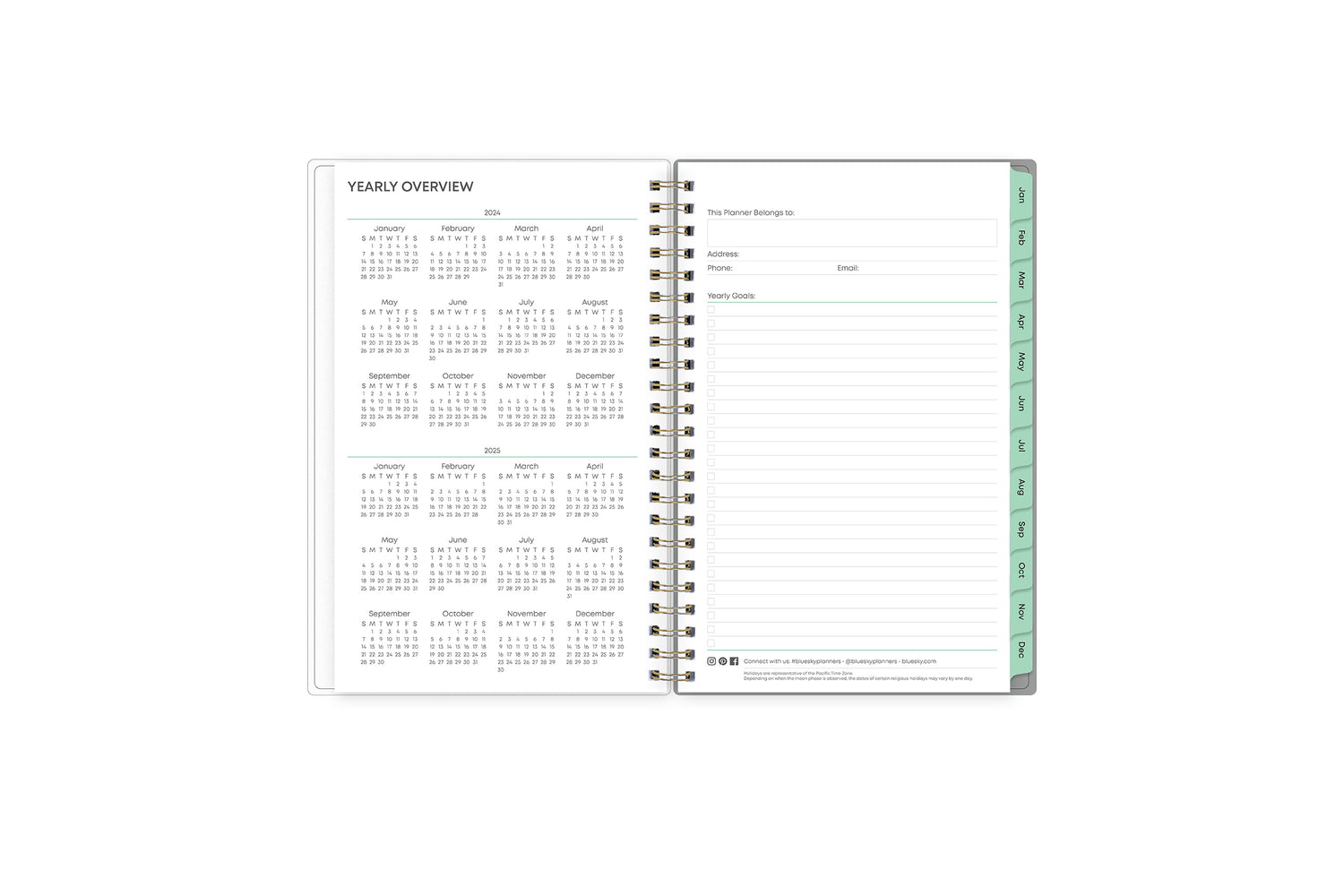 January 2024 to December 2024 weekly planner featuring a solid flexible black back cover, silver twin wire-o, and a compact 5x8 size planner