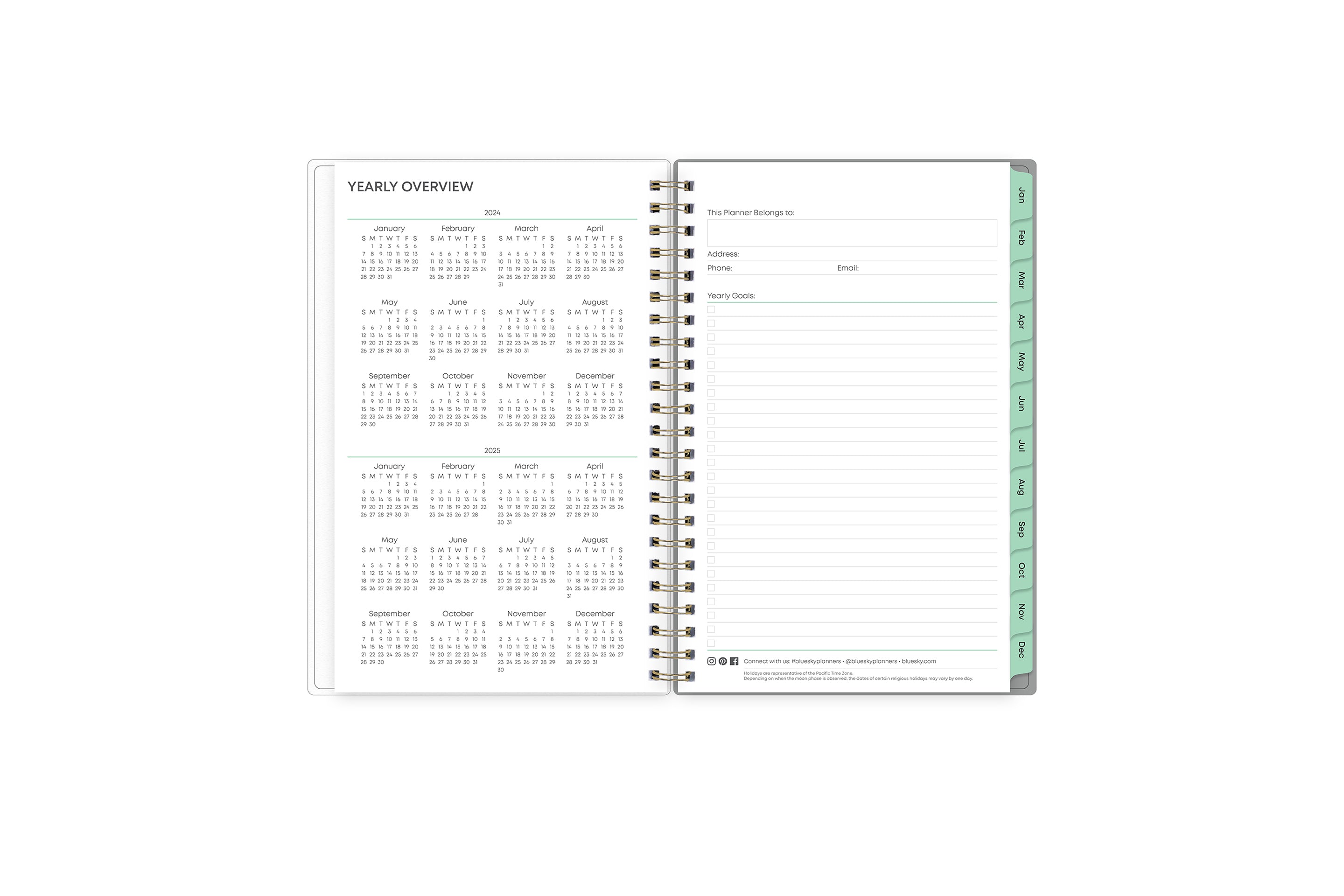 January 2024 to December 2024 weekly planner featuring a solid flexible black back cover, silver twin wire-o, and a compact 5x8 size planner
