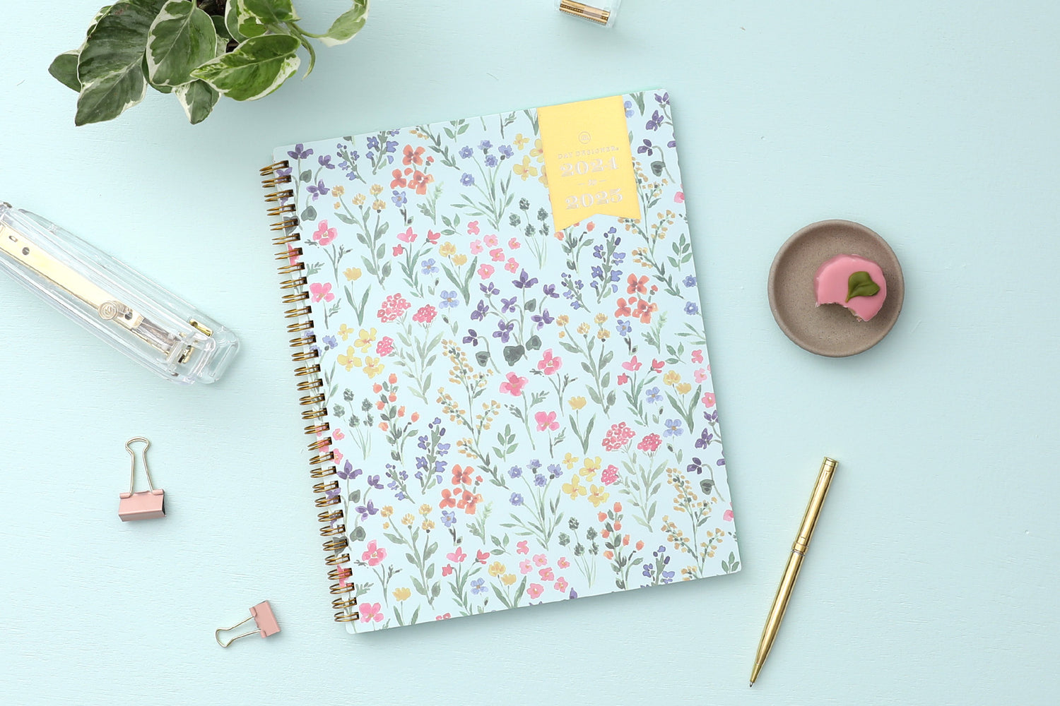 weekly monthly academic planner from Day Designer for Blue Sky featuring a mint background and floral front cover 8.5x11 for July 2024 - June 2025