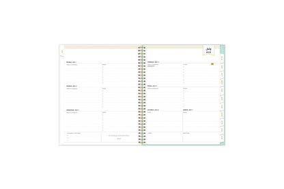  weekly and monthly planner featuring a weekly spread with notes section, to-do list, and gold text white colored tabs in 8.5x11 planner size