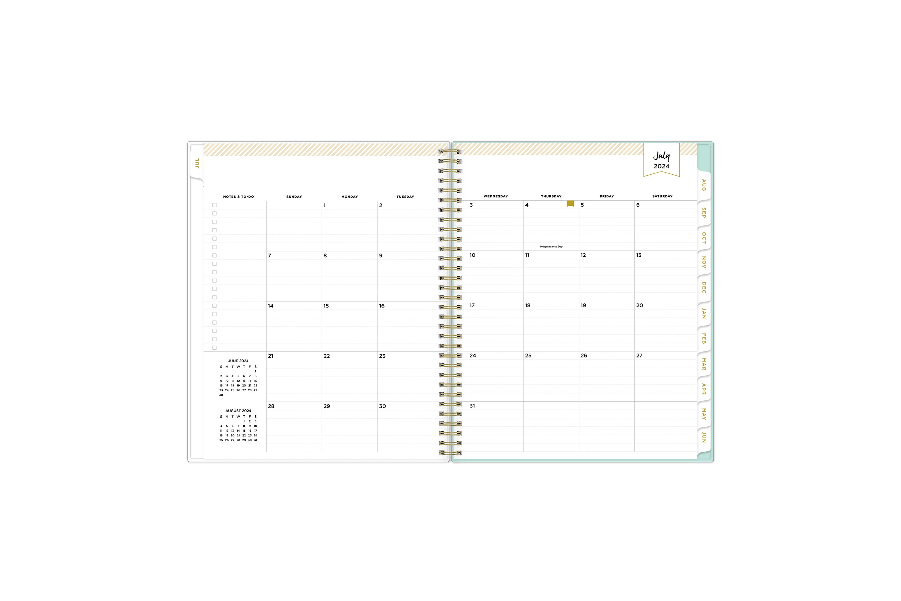 Weekly monthly 8.5x11 academic planner monthly spread featuring gold font white tabs, notes section with to-do list