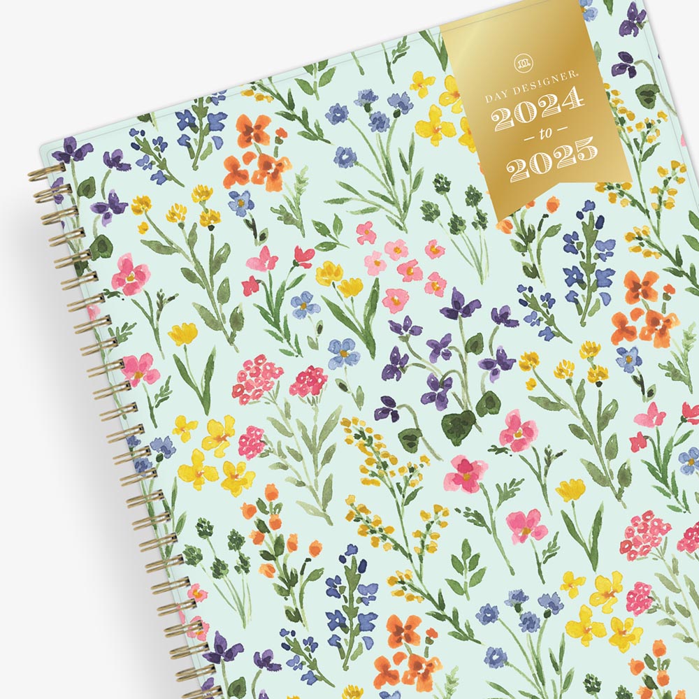 weekly monthly academic planner from Day Designer for Blue Sky featuring a mint background and floral front cover 8.5x11 for July 2024 - June 2025