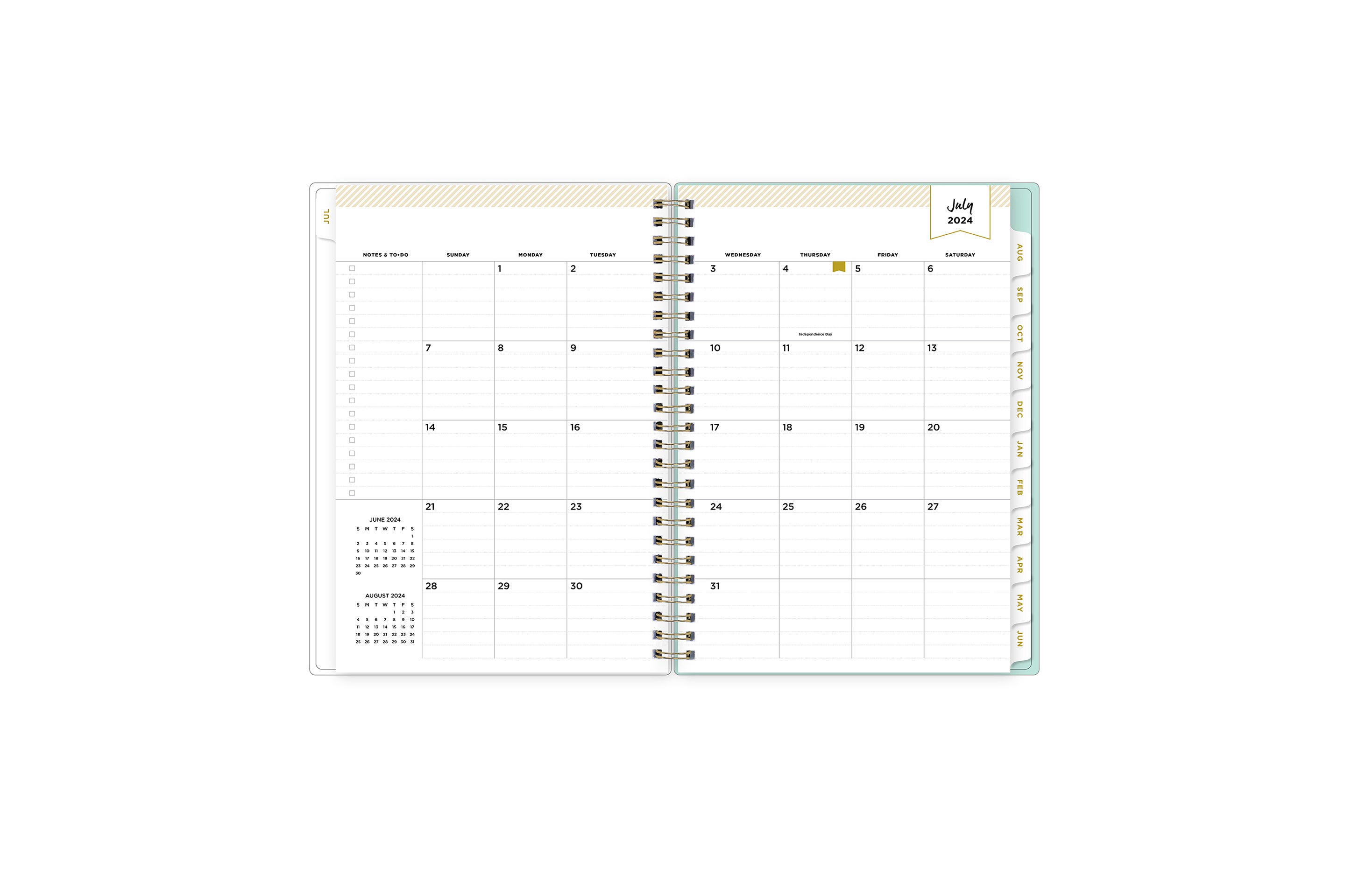  weekly monthly planner featuring a monthly spread with mint tabs for each month  and notes and to-do section