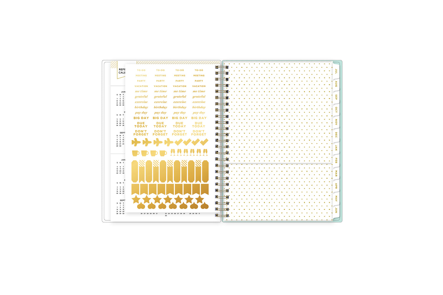 reference calendars, gold sticker sheet, storage pocket