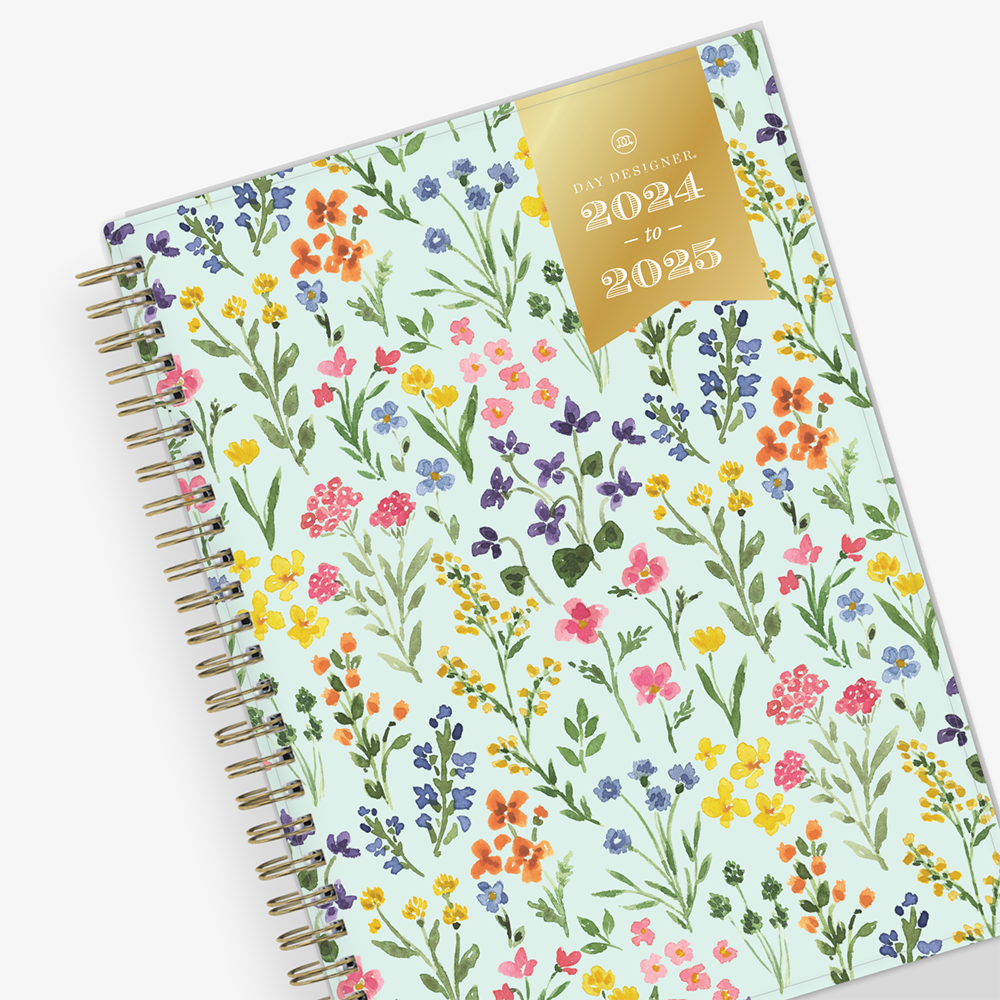 weekly monthly academic planner from Day Designer for Blue Sky featuring a mint background and floral front cover 5.875x8.625 for July 2024 - June 2025