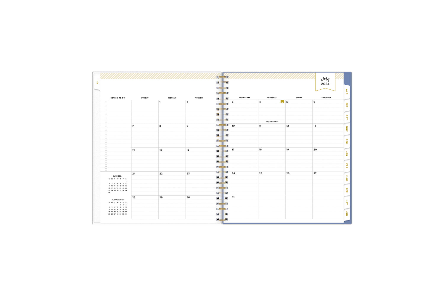 This  monthly planner features a monthly spread with ample lined writing space, notes section, reference calendars and light blue monthly tabs in 8x10 planner