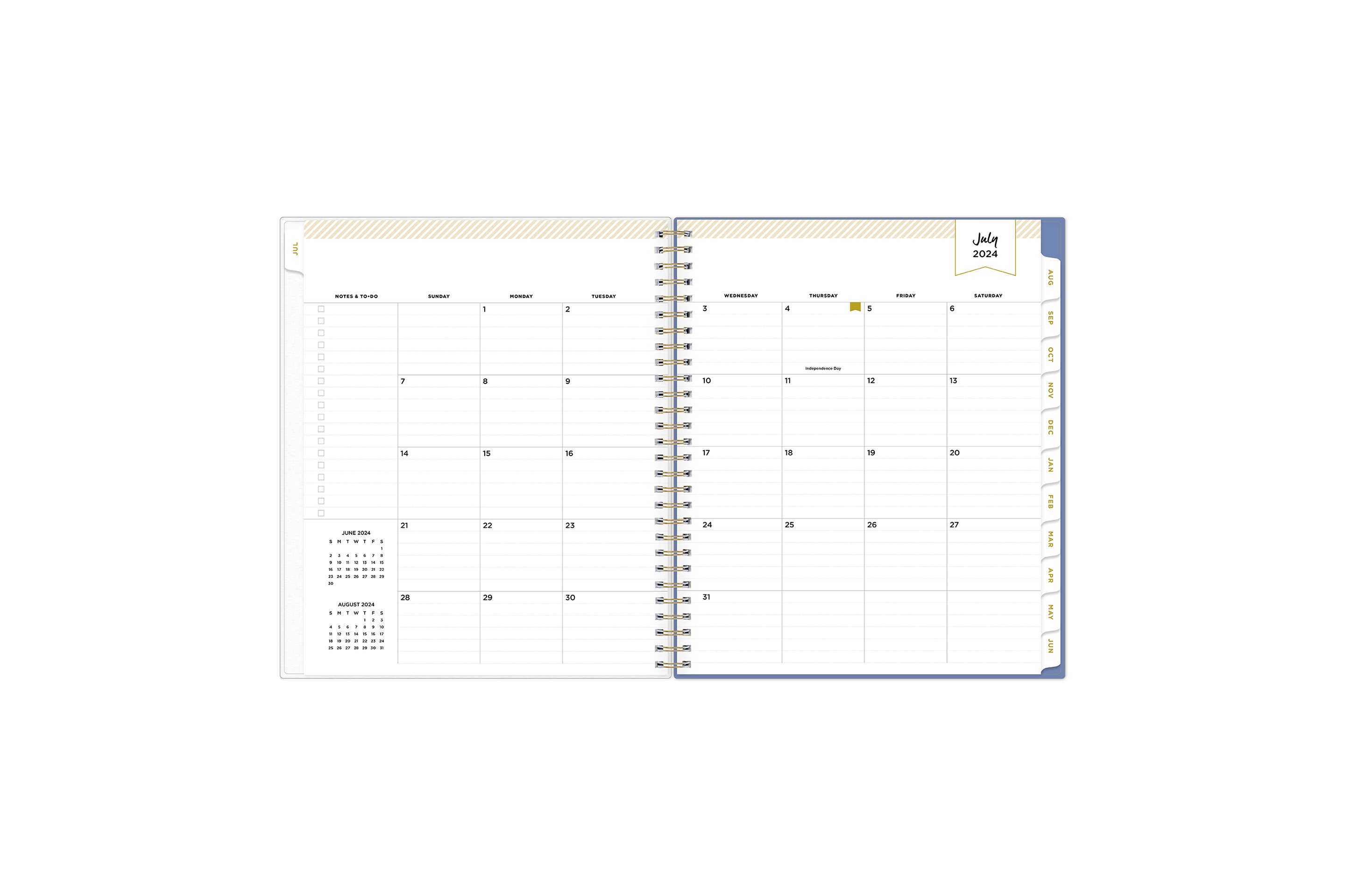 This  monthly planner features a monthly spread with ample lined writing space, notes section, reference calendars and light blue monthly tabs in 8x10 planner
