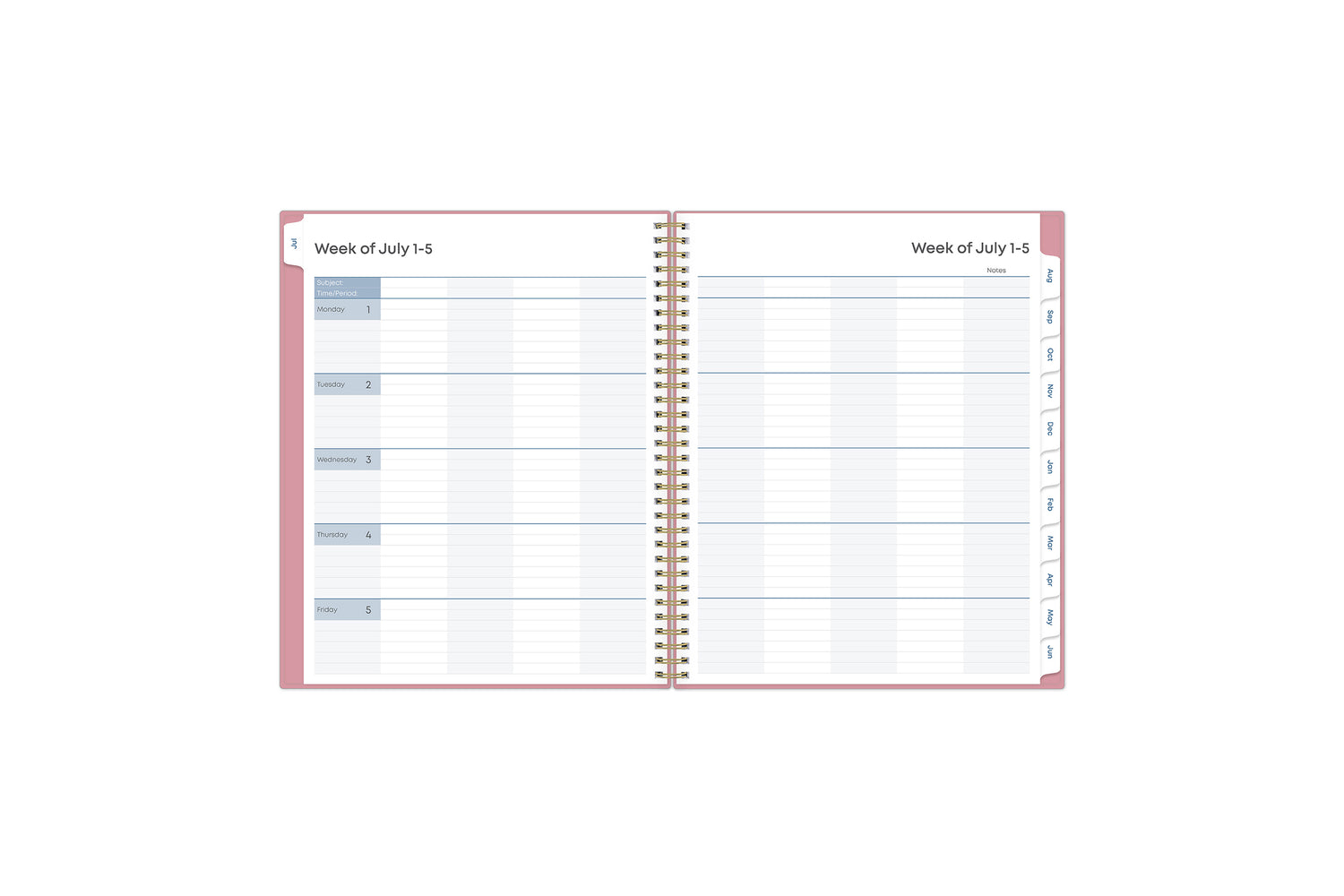  Teacher lesson planner includes ample and clean writing space for each class or period, multi colored pattern for each day, organized layout, and pink monthly tabs in a 8.5x11 lesson planner.