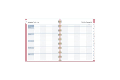  Teacher lesson planner includes ample and clean writing space for each class or period, multi colored pattern for each day, organized layout, and pink monthly tabs in a 8.5x11 lesson planner.