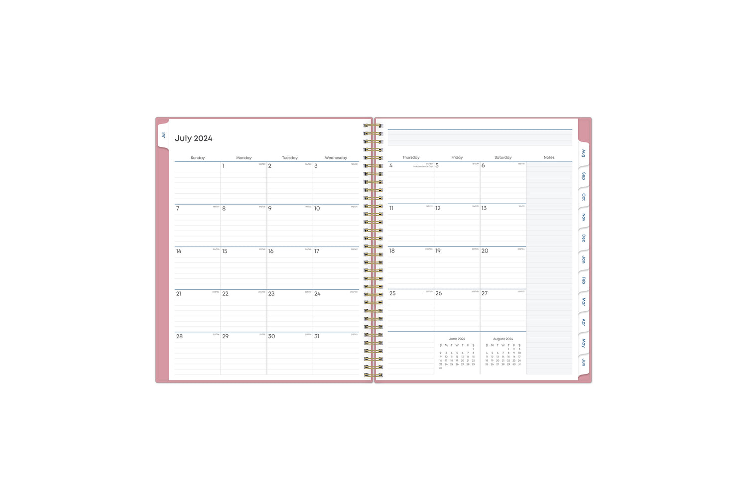  teacher lesson planner monthly view featuring clean writing space for projects, field trips, goals, deadlines, notes section, reference calendars and pink monthly tabs in 8.5x11 size