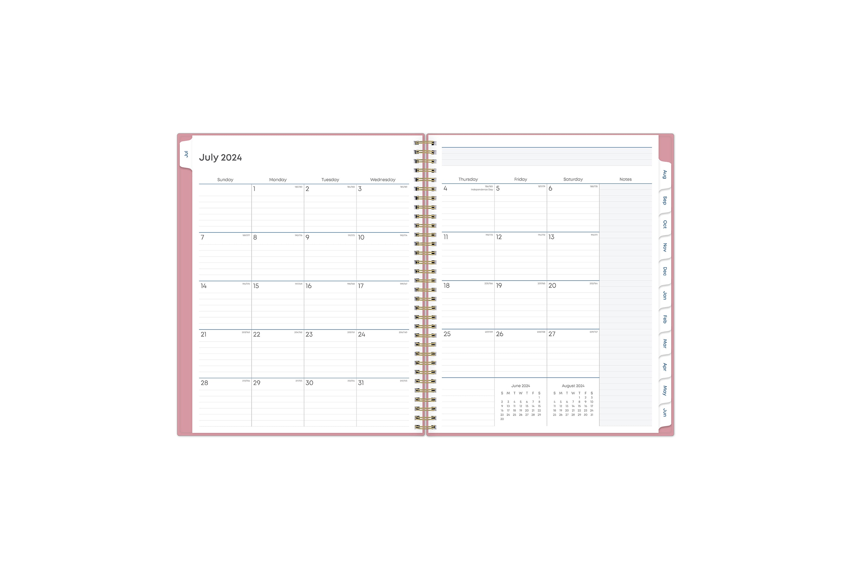  teacher lesson planner monthly view featuring clean writing space for projects, field trips, goals, deadlines, notes section, reference calendars and pink monthly tabs in 8.5x11 size