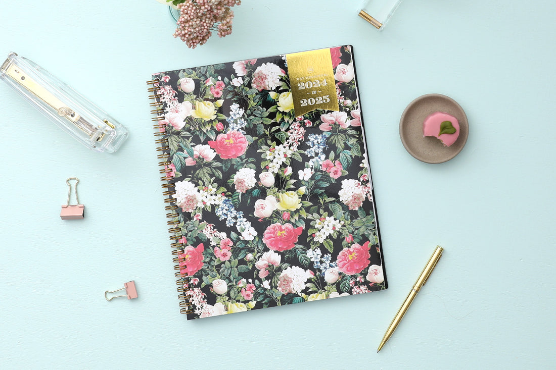 beautiful realistic floral pattern with black background on this 8.5x11 weekly monthly planner by Day Designer 2024-2025