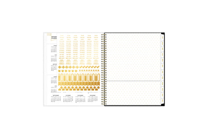 reference calendar, gold sticker sheet, storage pocket and gold twin wire o binding
