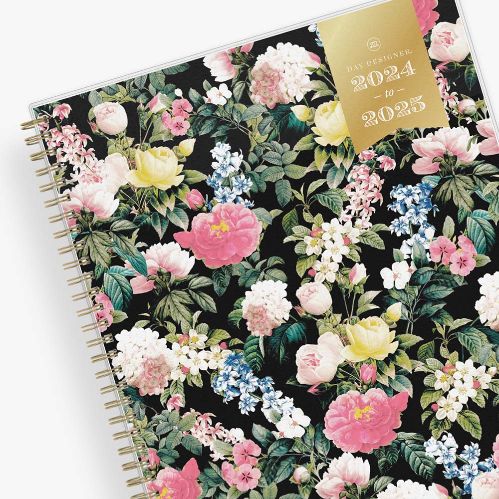 beautiful realistic floral pattern with black background on this 8.5x11 weekly monthly planner by Day Designer 2024-2025