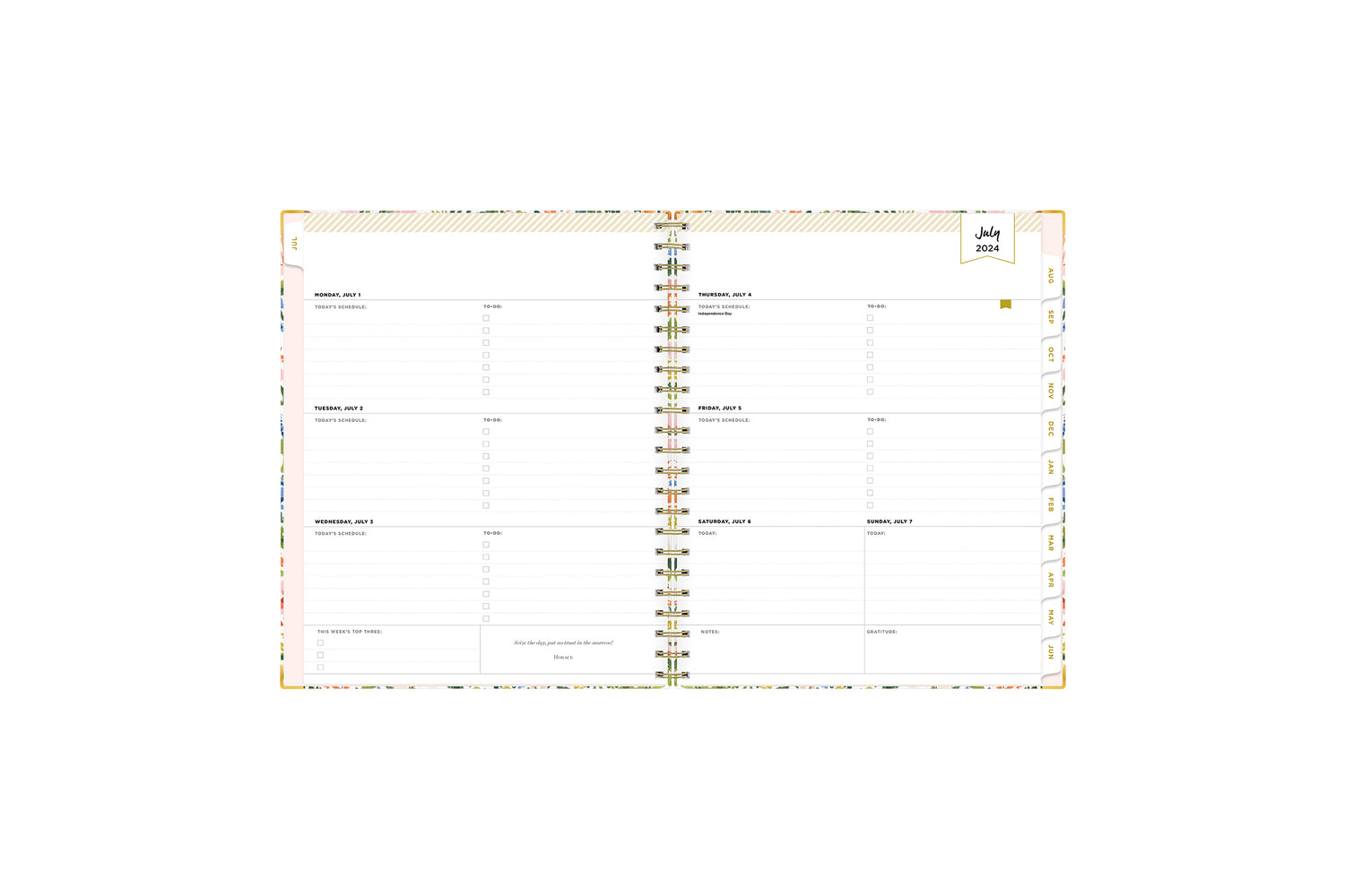  weekly and monthly planner featuring a weekly spread with notes section, to-do list, and gold font white  colored tabs in 5x8 planner size